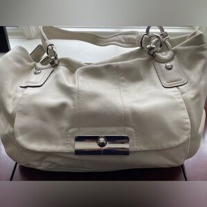 Cream Coach Leather Shoulder Bag with Silver Hardware